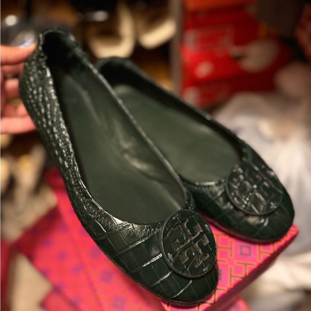Tory Burch Dark Green Croc-Embossed Flats